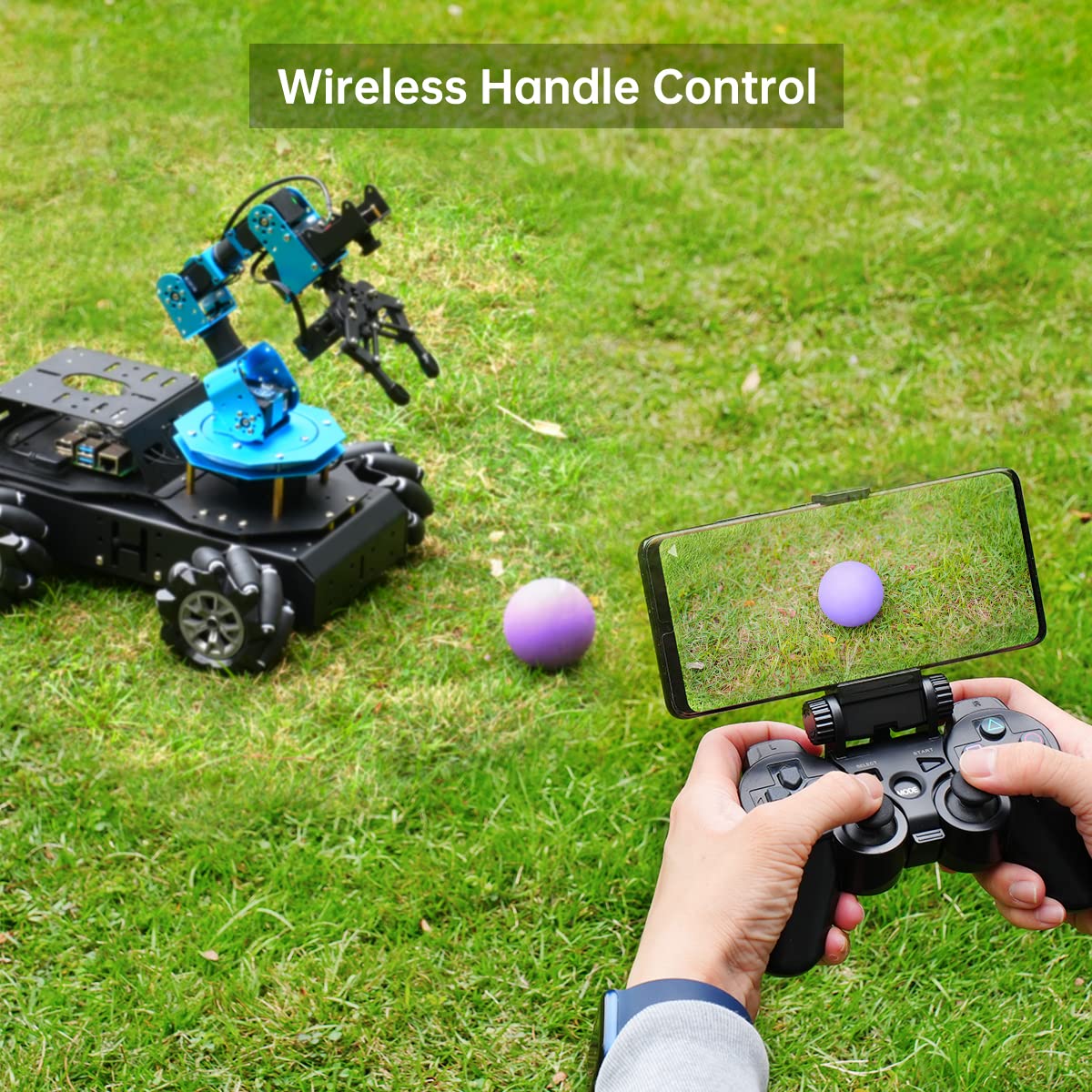HIWONDER 6DOF robotic arm + AI vision rover, Raspberry Pi 5 compatible, 4WD mecanum chassis.