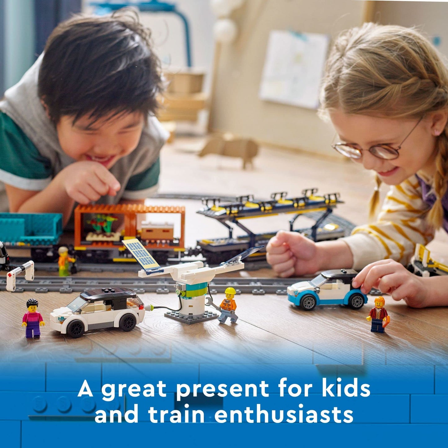 LEGO City Freight Train 60336, remote control train set with wagons, track pieces, EV cars.