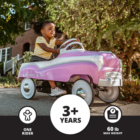 Kid Trax pink pedal car, steel frame, vintage style ride-on for kids 3–5.