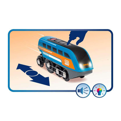 BRIO Smart Tech Sound travel train set, interactive sounds, compatible wooden railway system.