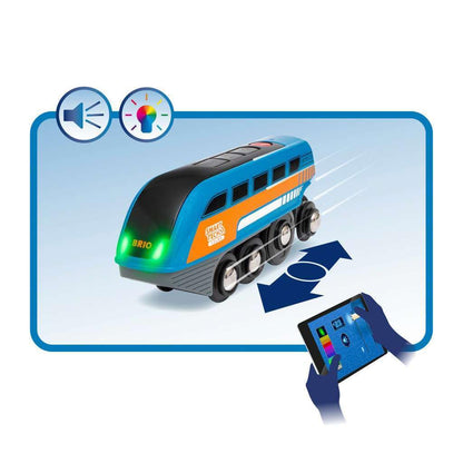 BRIO Smart Tech Sound travel train set, interactive sounds, compatible wooden railway system.