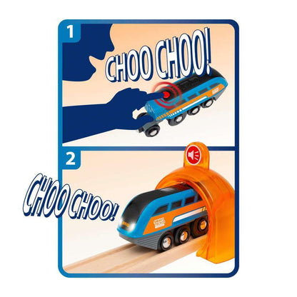 BRIO Smart Tech Sound travel train set, interactive sounds, compatible wooden railway system.
