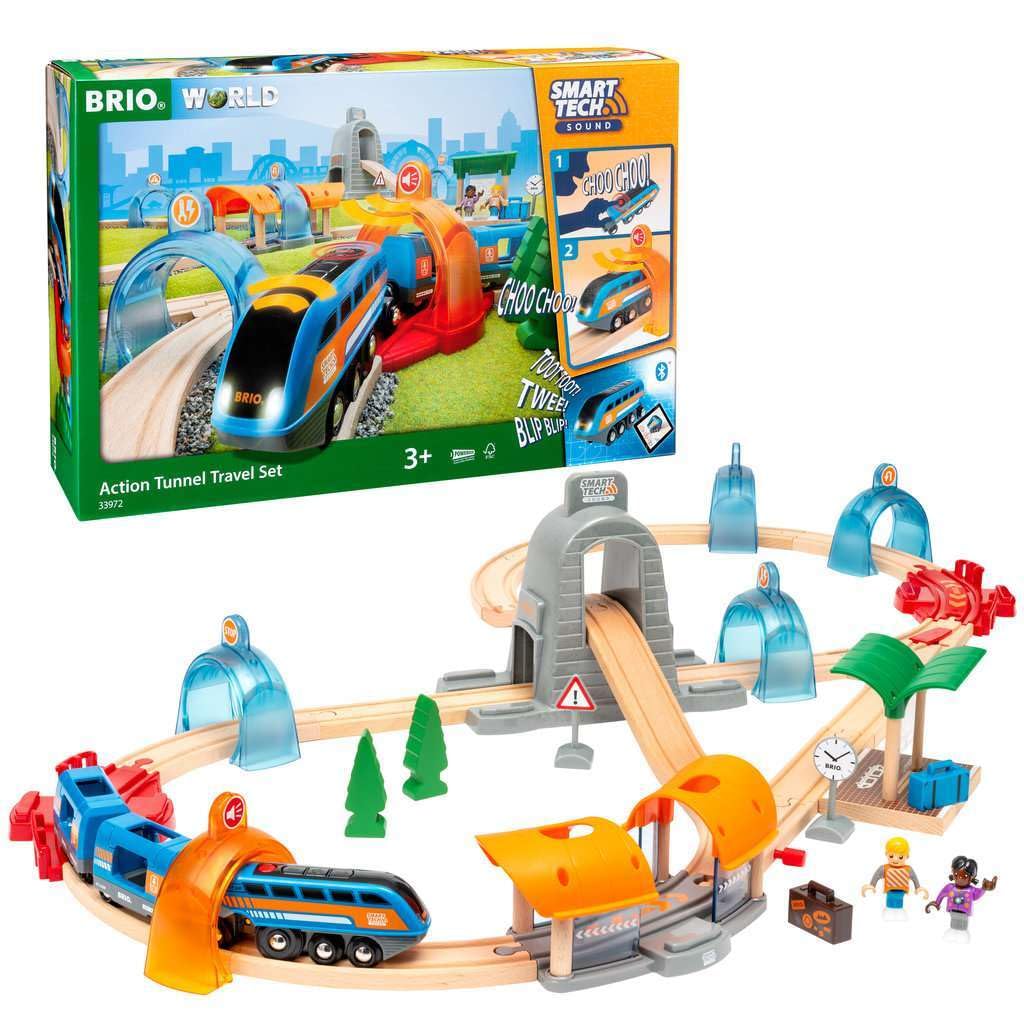 BRIO Smart Tech Sound travel train set, interactive sounds, compatible wooden railway system.