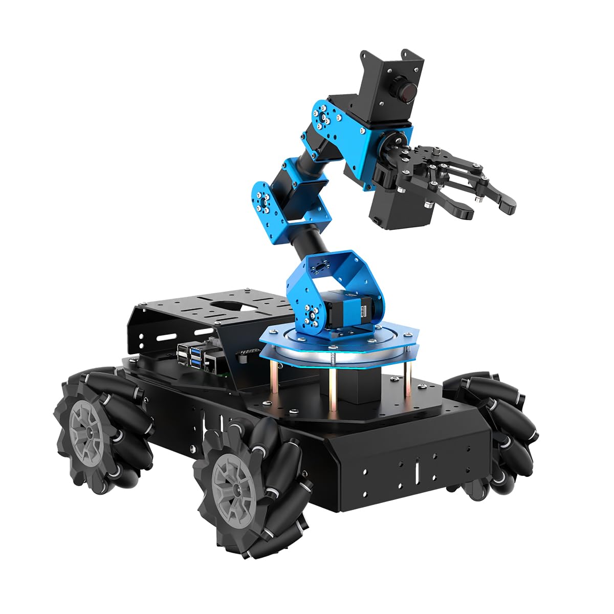 HIWONDER 6DOF robotic arm + AI vision rover, Raspberry Pi 5 compatible, 4WD mecanum chassis.