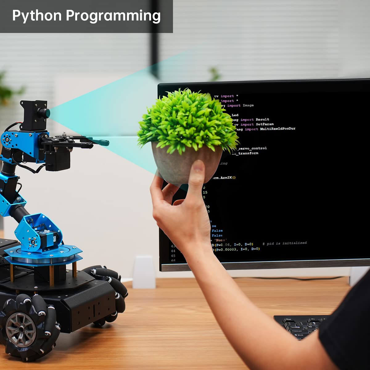 HIWONDER 6DOF robotic arm + AI vision rover, Raspberry Pi 5 compatible, 4WD mecanum chassis.