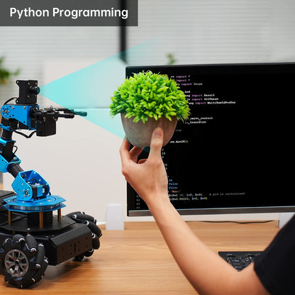 HIWONDER 6DOF robotic arm + AI vision rover, Raspberry Pi 5 compatible, 4WD mecanum chassis.
