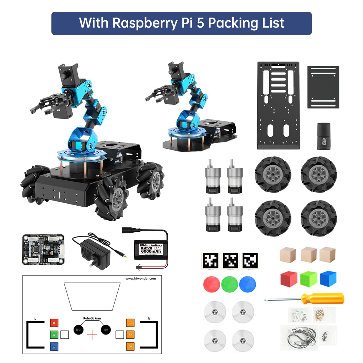 HIWONDER 6DOF robotic arm + AI vision rover, Raspberry Pi 5 compatible, 4WD mecanum chassis.
