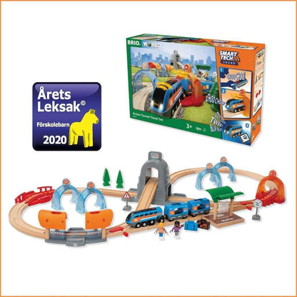 BRIO Smart Tech Sound travel train set, interactive sounds, compatible wooden railway system.