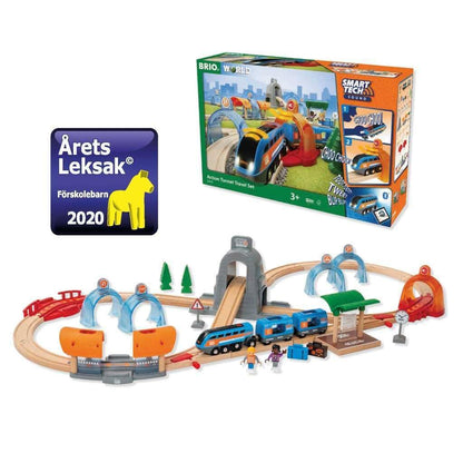 BRIO Smart Tech Sound travel train set, interactive sounds, compatible wooden railway system.