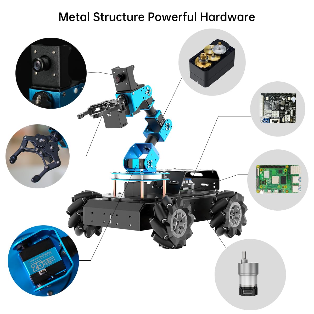 HIWONDER 6DOF robotic arm + AI vision rover, Raspberry Pi 5 compatible, 4WD mecanum chassis.