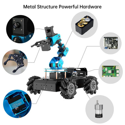 HIWONDER 6DOF robotic arm + AI vision rover, Raspberry Pi 5 compatible, 4WD mecanum chassis.