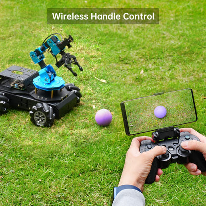 HIWONDER 6DOF robotic arm + AI vision rover, Raspberry Pi 5 compatible, 4WD mecanum chassis.