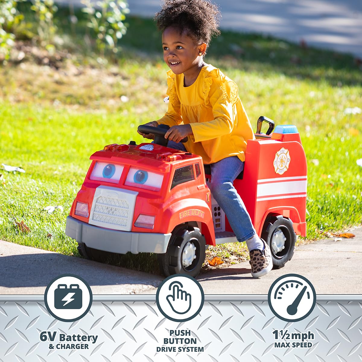 Kid Trax Real Rigs fire truck ride-on toy, 6V battery, sounds, ages 1.5–4.