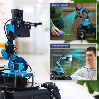 HIWONDER 6DOF robotic arm + AI vision rover, Raspberry Pi 5 compatible, 4WD mecanum chassis.