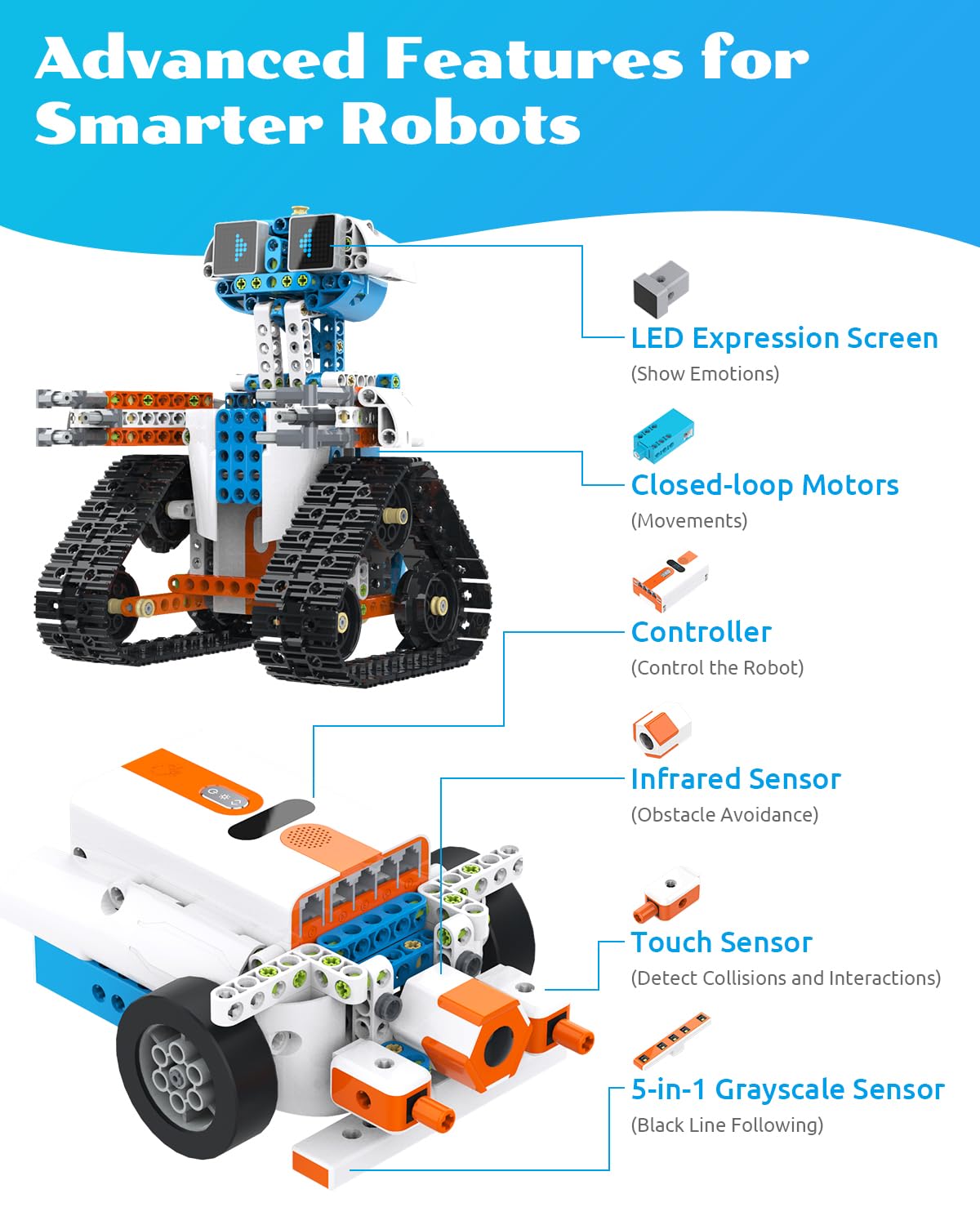 WhalesBot E7 Pro coding robot kit, Scratch programming, sensors, STEM education system.