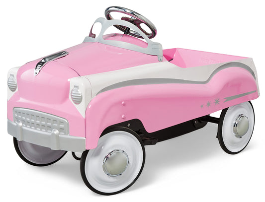 Kid Trax pink pedal car, steel frame, vintage style ride-on for kids 3–5.