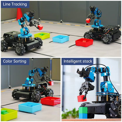 HIWONDER 6DOF robotic arm + AI vision rover, Raspberry Pi 5 compatible, 4WD mecanum chassis.