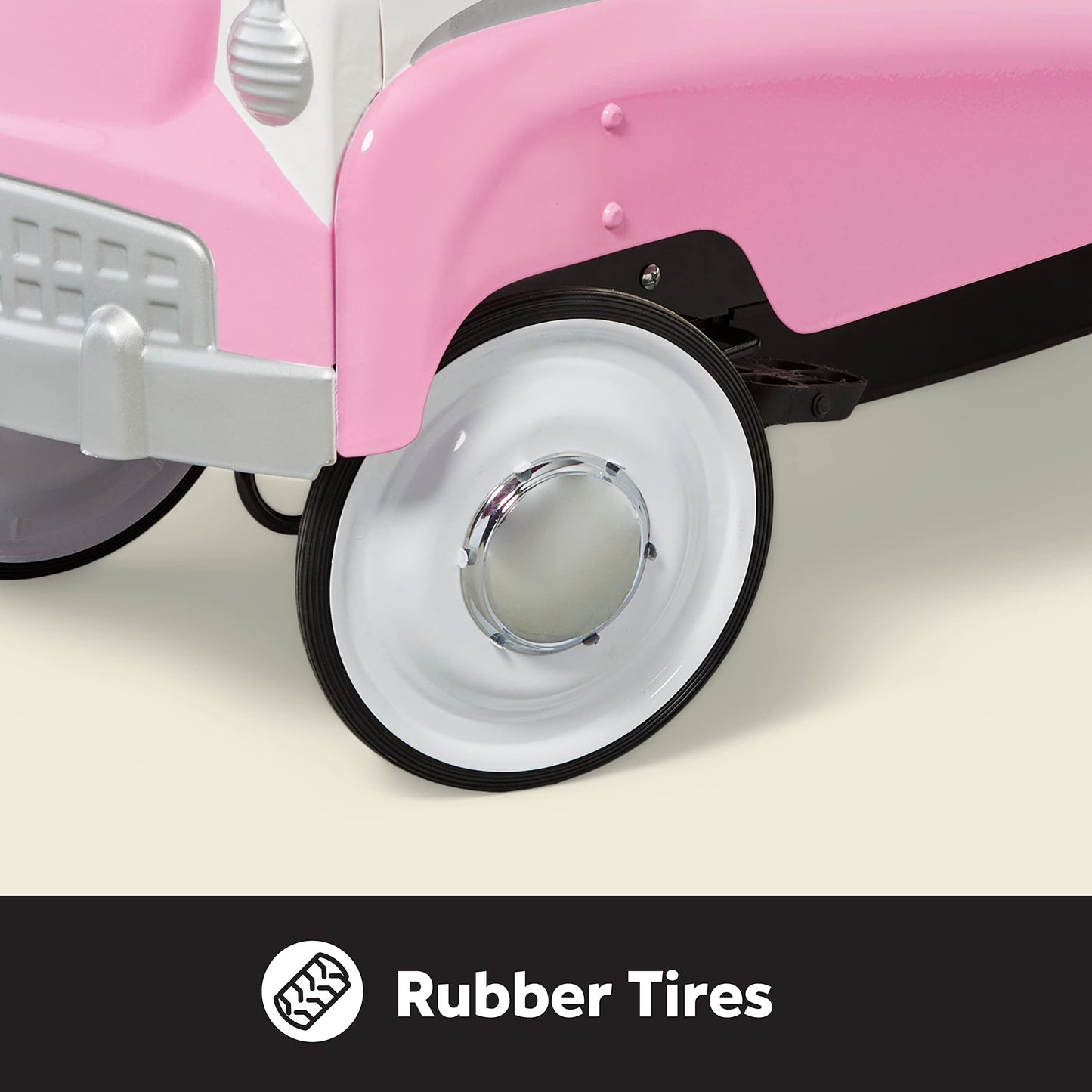 Kid Trax pink pedal car, steel frame, vintage style ride-on for kids 3–5.