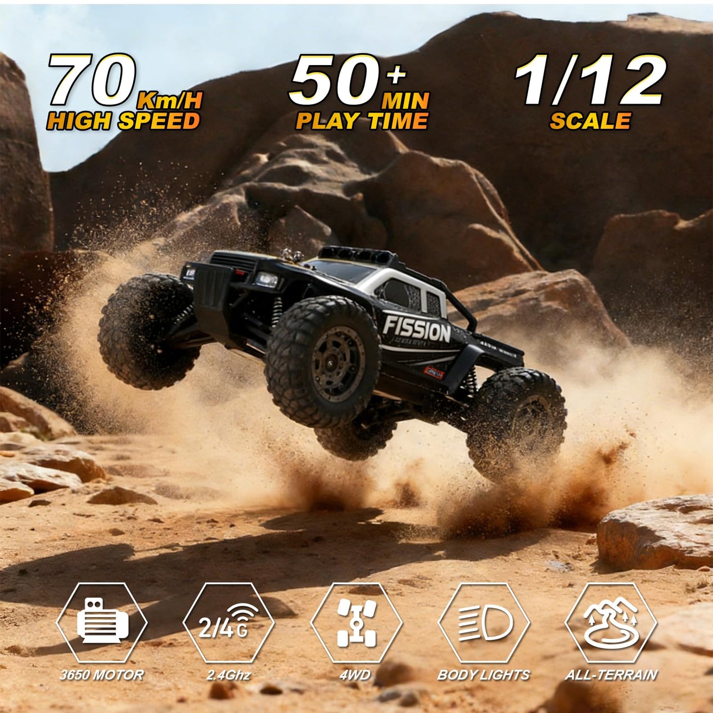 A ALPHA brushless RC monster truck, 1/12 4WD, metal drivetrain, high-speed off-road.