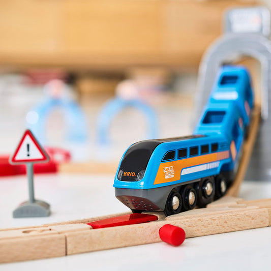 BRIO Smart Tech Sound travel train set, interactive sounds, compatible wooden railway system.