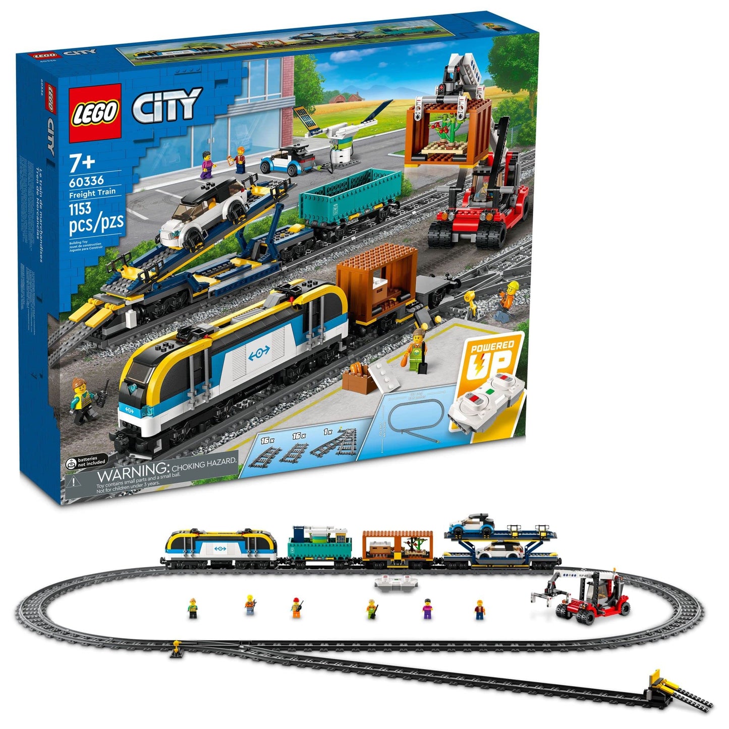 LEGO City Freight Train 60336, remote control train set with wagons, track pieces, EV cars.