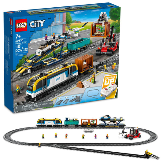 LEGO City Freight Train 60336, remote control train set with wagons, track pieces, EV cars.