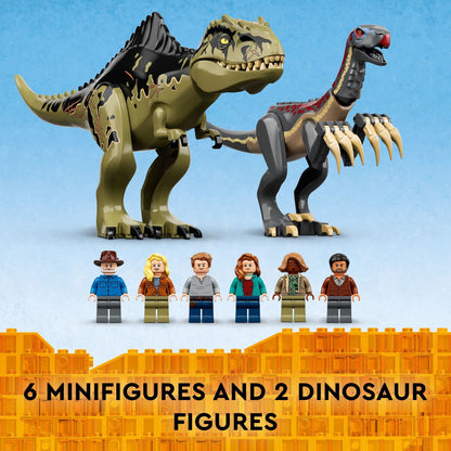 LEGO Jurassic World 76949 dinosaur attack set, Giganotosaurus & Therizinosaurus, vehicles + garage.