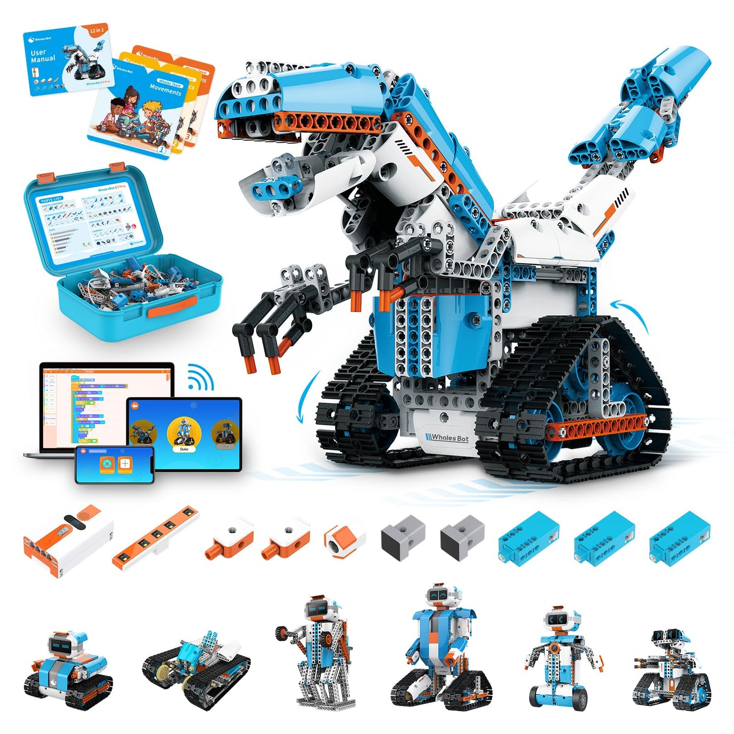 WhalesBot E7 Pro coding robot kit, Scratch programming, sensors, STEM education system.
