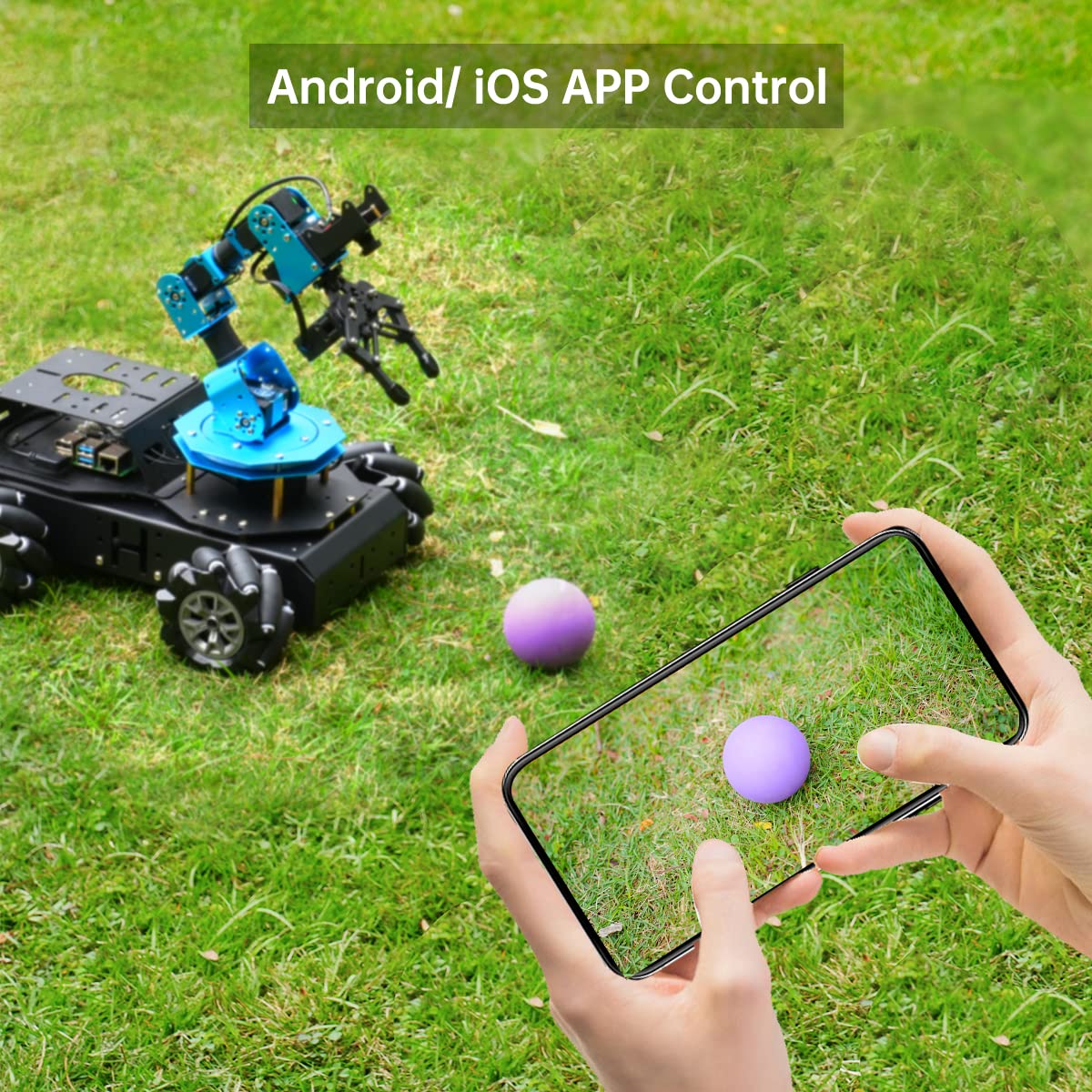 HIWONDER 6DOF robotic arm + AI vision rover, Raspberry Pi 5 compatible, 4WD mecanum chassis.