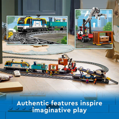 LEGO City Freight Train 60336, remote control train set with wagons, track pieces, EV cars.