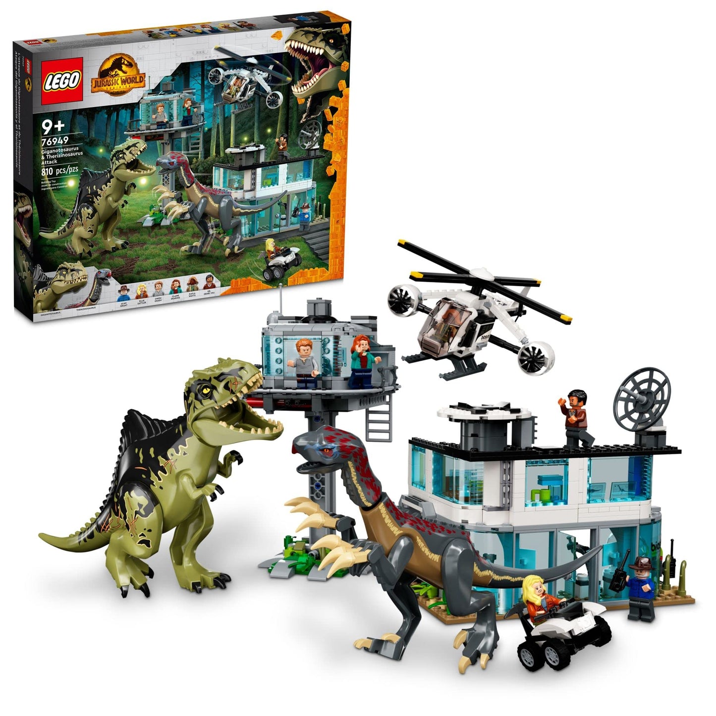 LEGO Jurassic World 76949 dinosaur attack set, Giganotosaurus & Therizinosaurus, vehicles + garage.