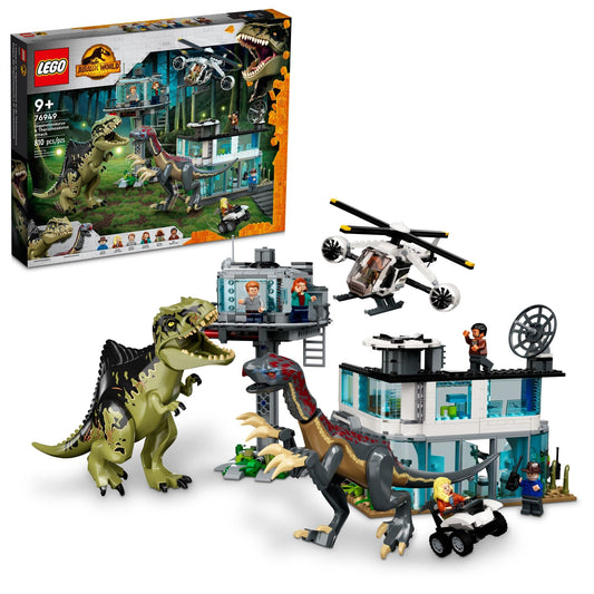 LEGO Jurassic World 76949 dinosaur attack set, Giganotosaurus & Therizinosaurus, vehicles + garage.