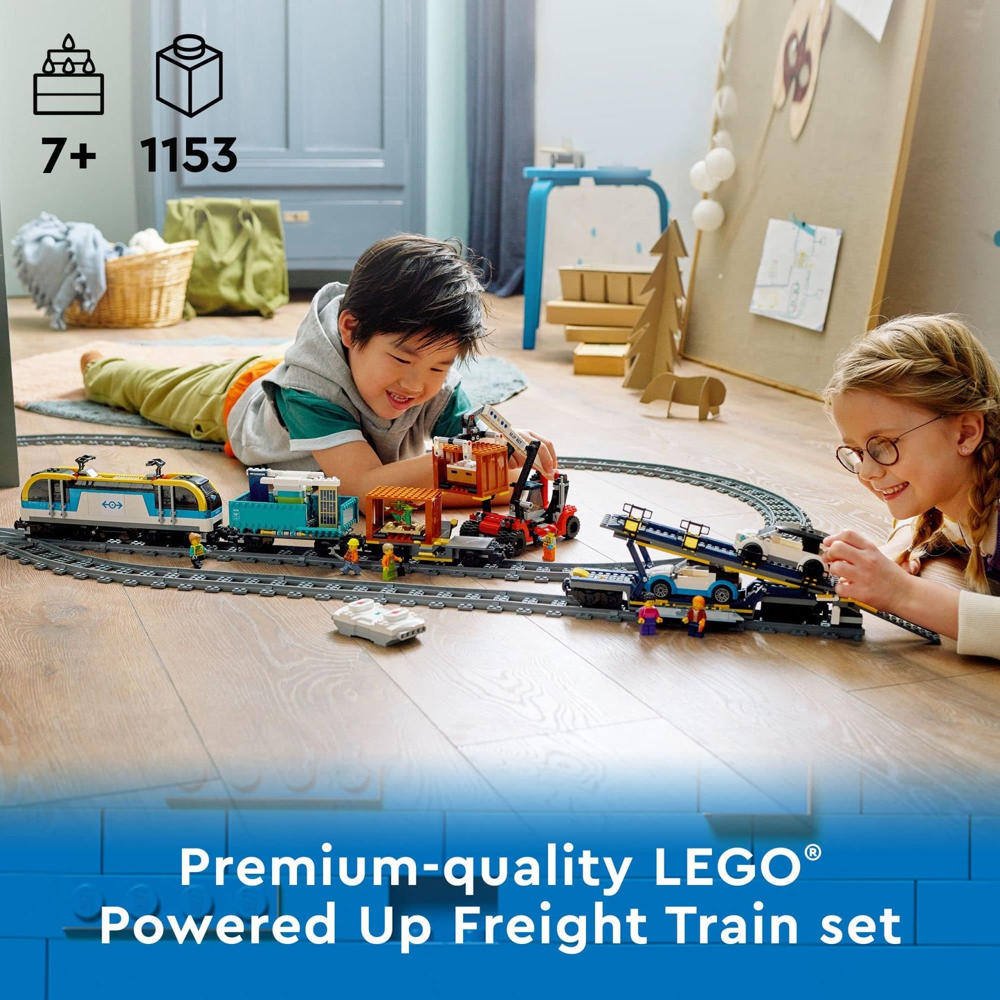 LEGO City Freight Train 60336, remote control train set with wagons, track pieces, EV cars.