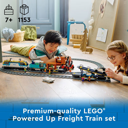 LEGO City Freight Train 60336, remote control train set with wagons, track pieces, EV cars.