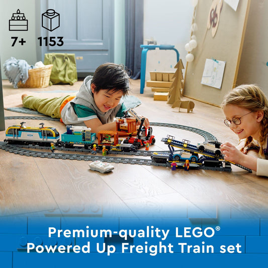 LEGO City Freight Train 60336, remote control train set with wagons, track pieces, EV cars.