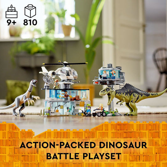 LEGO Jurassic World 76949 dinosaur attack set, Giganotosaurus & Therizinosaurus, vehicles + garage.