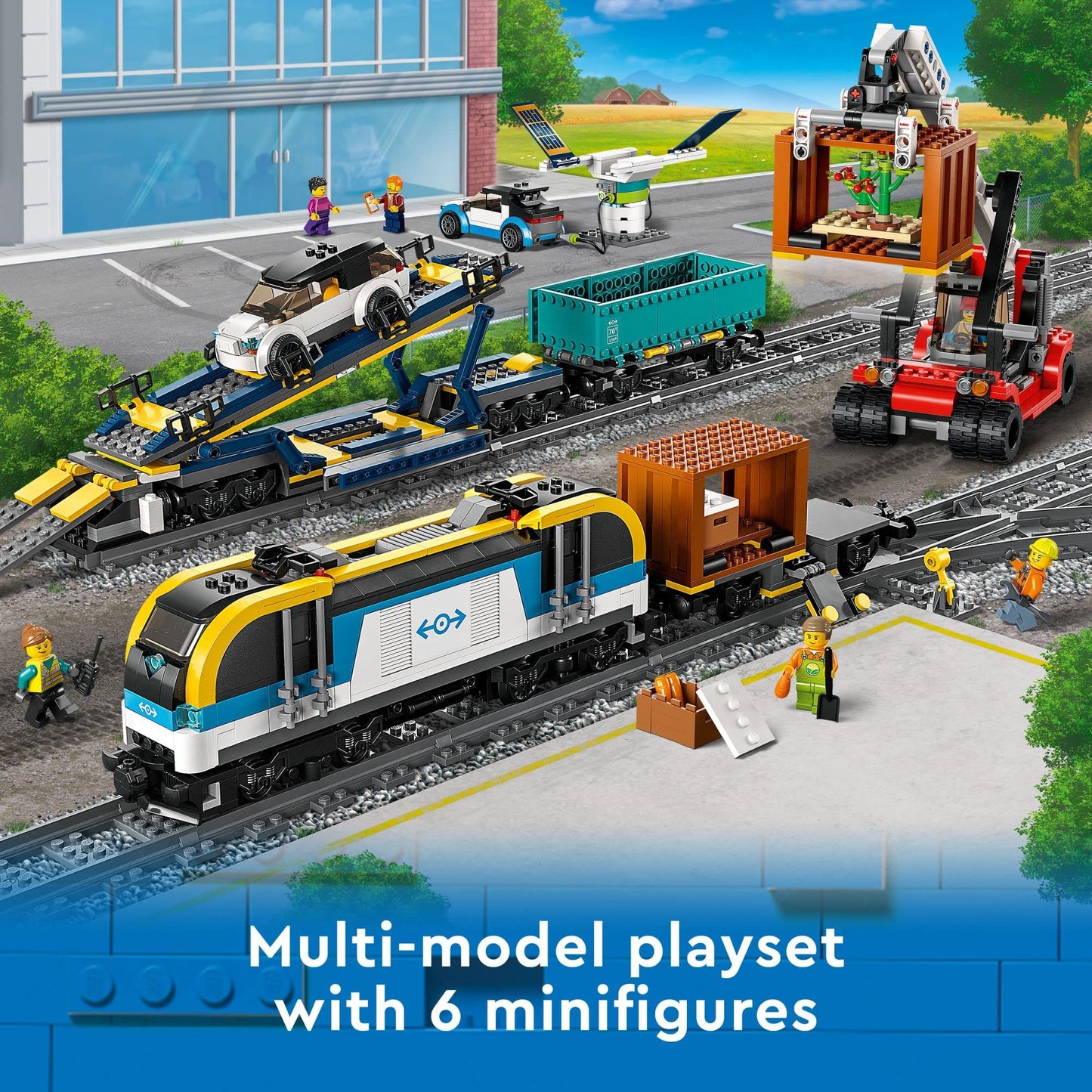 LEGO City Freight Train 60336, remote control train set with wagons, track pieces, EV cars.